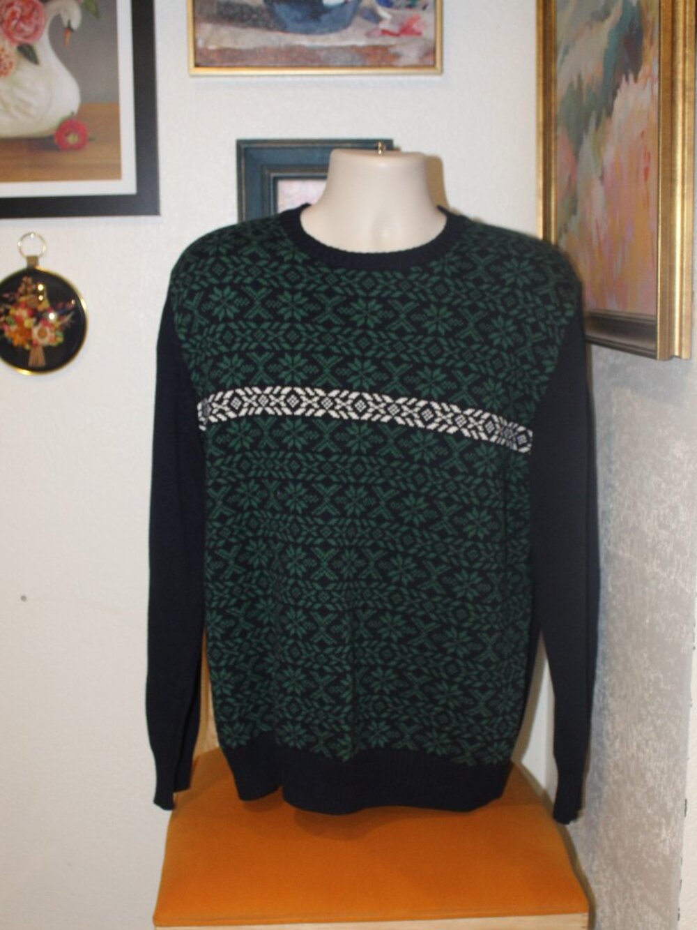Weatherproof Vintage Fair Isle Crewneck Sweater Navy Green Men’s Large